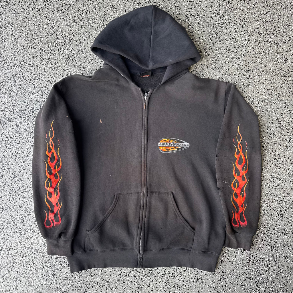 1990s Harley-davidson flame sleeve Faded & distressed Hoodie