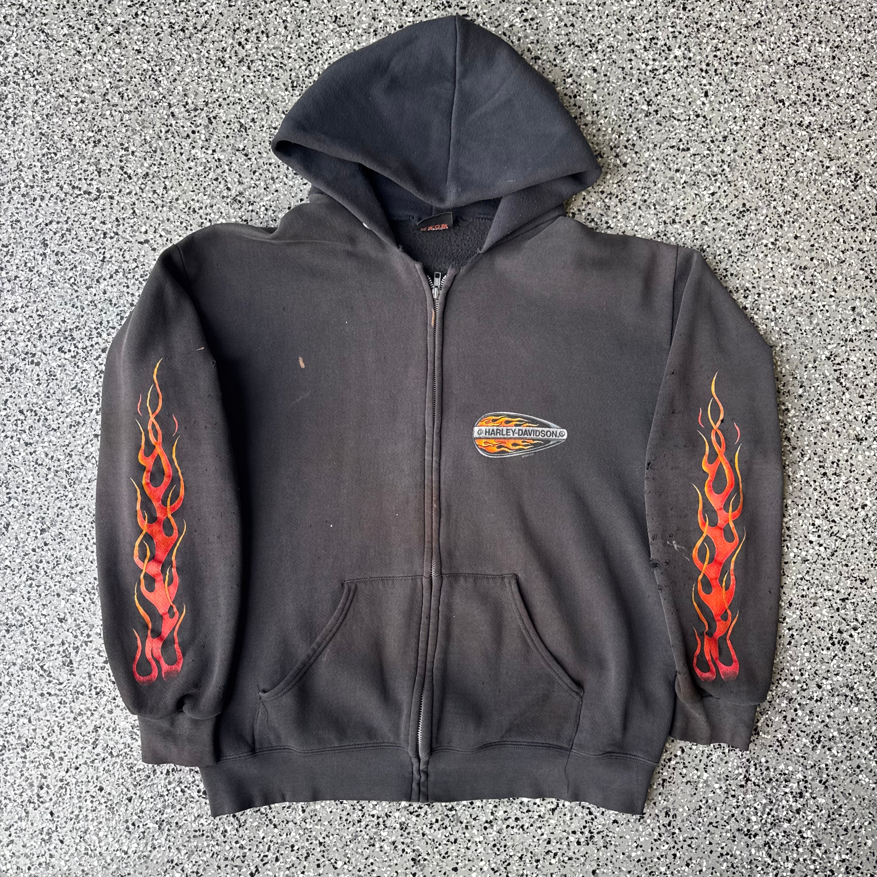 1990s Harley-davidson flame sleeve Faded & distressed Hoodie