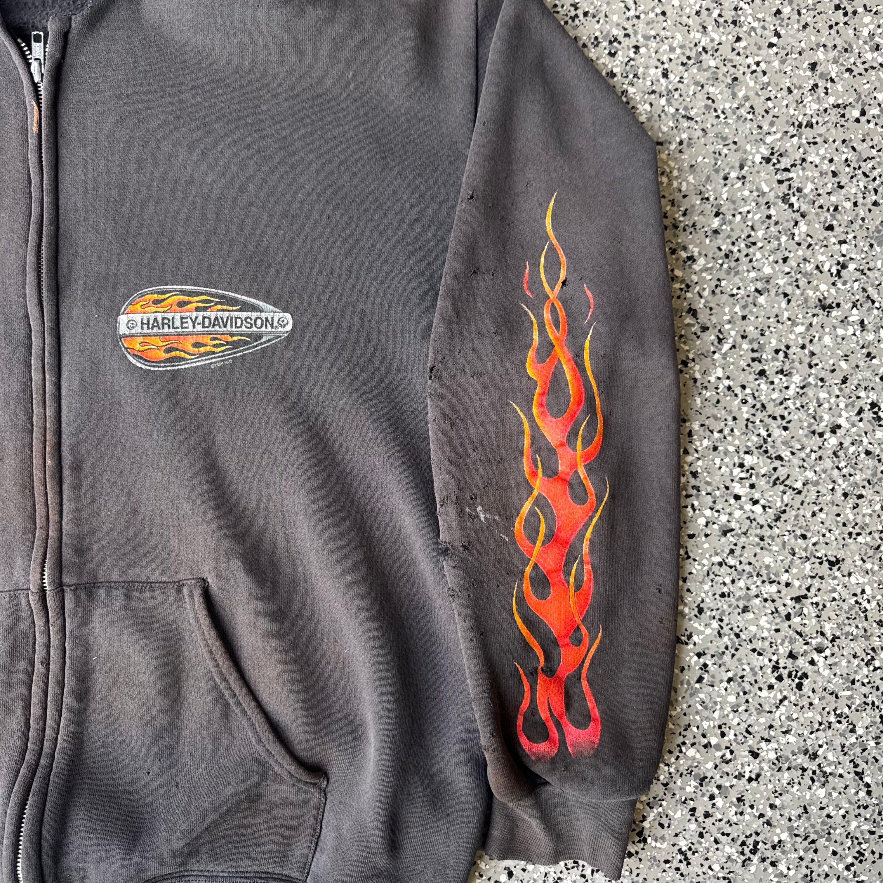 1990s Harley-davidson flame sleeve Faded & distressed Hoodie