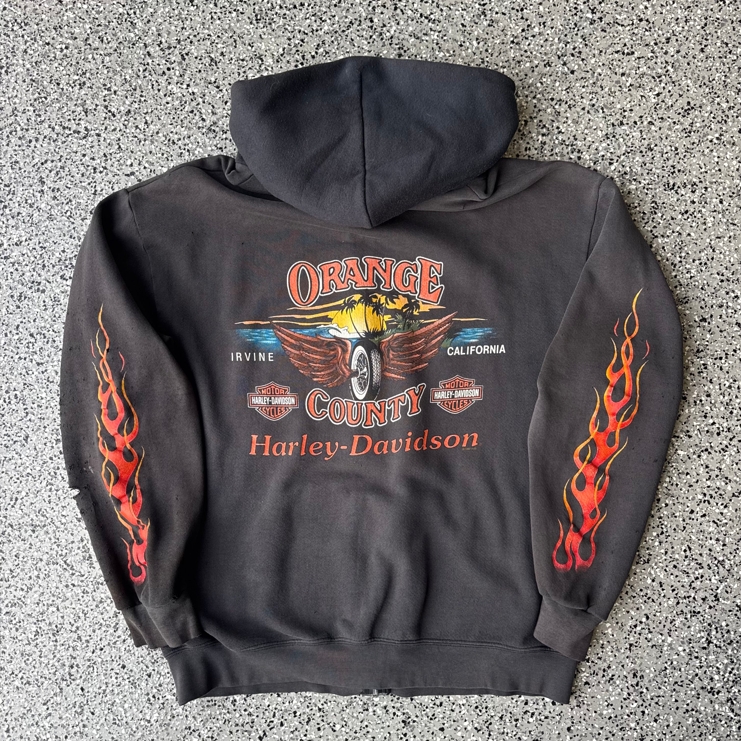 1990s Harley-davidson flame sleeve Faded & distressed Hoodie