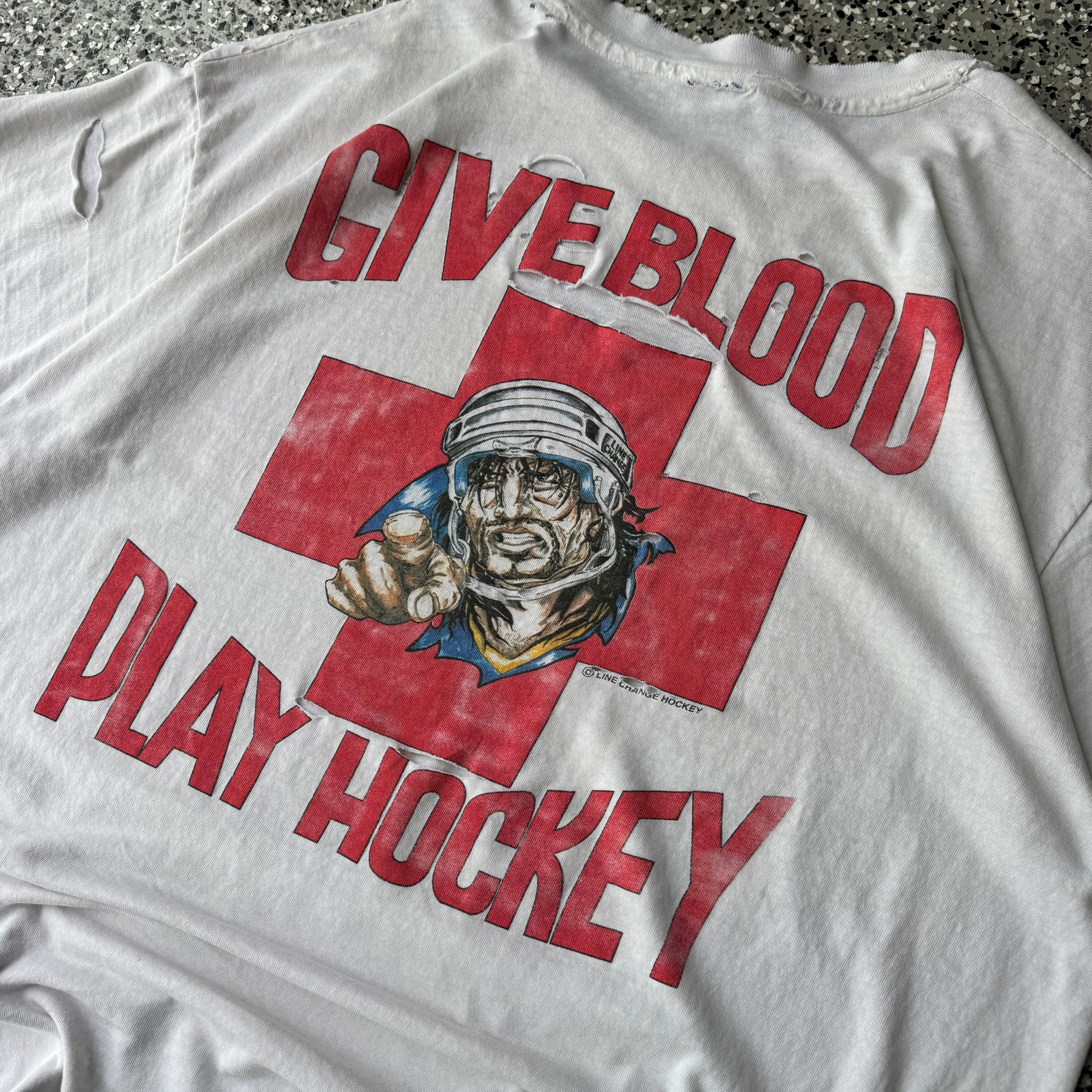 1990s Give Blood Play Hockey Distressed T-shirt (L)