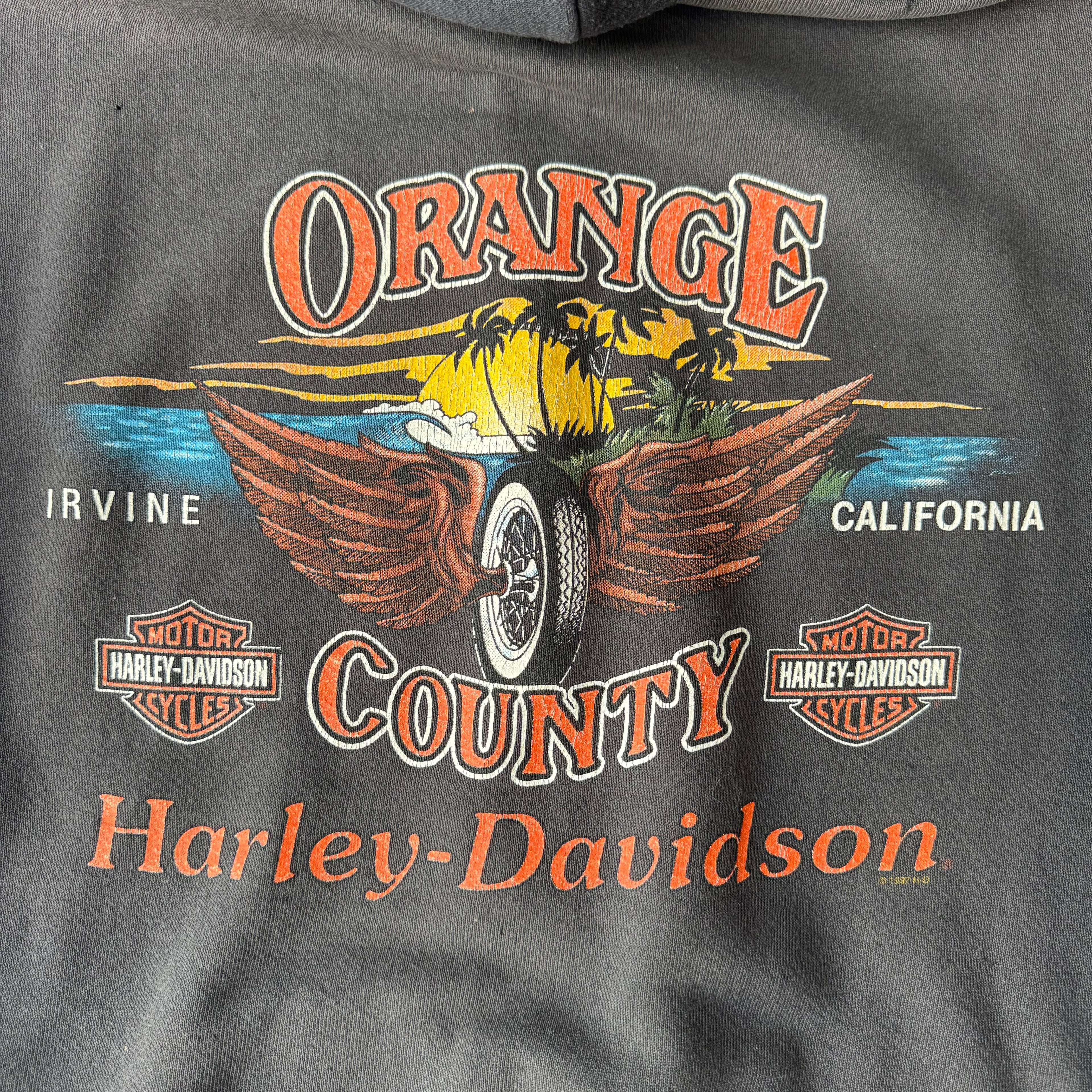 1990s Harley-davidson flame sleeve Faded & distressed Hoodie