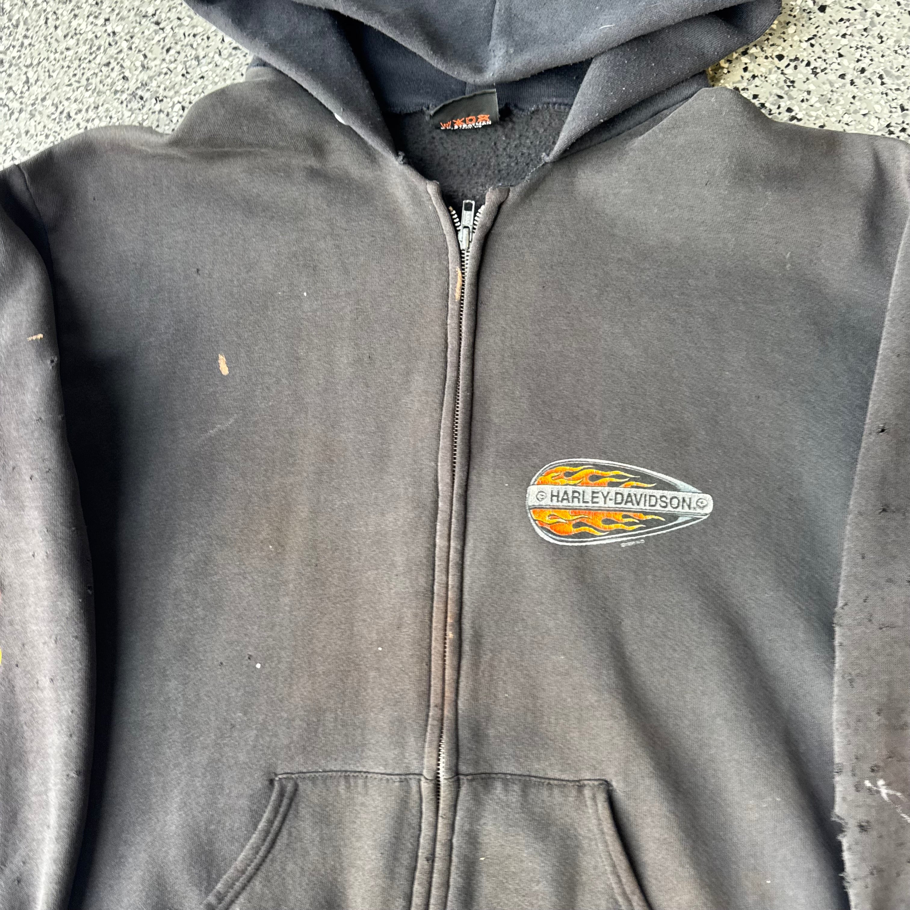 1990s Harley-davidson flame sleeve Faded & distressed Hoodie